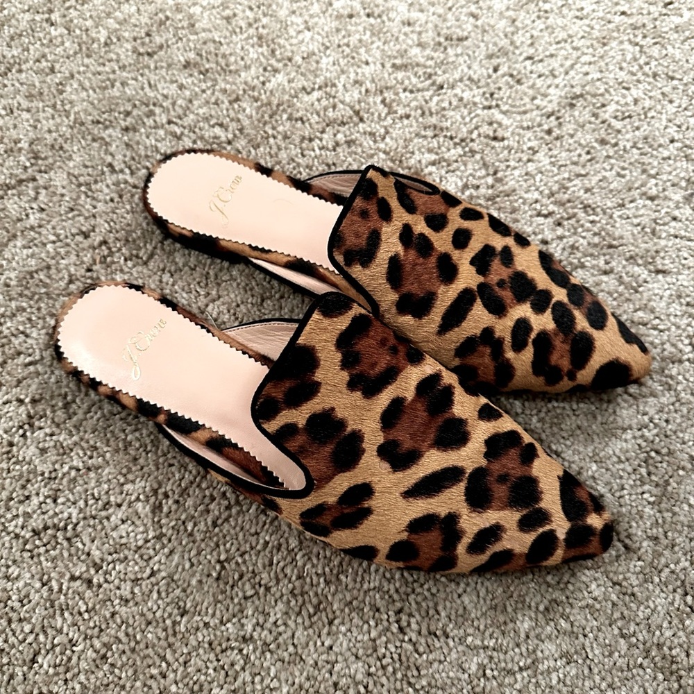 J. Crew Leopard Print Pointed-Toe Mules - Brown & Black